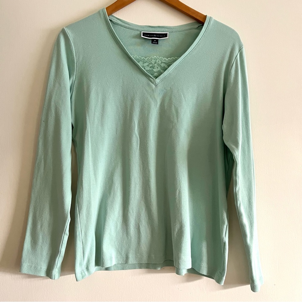 Karen Scott Women's Long Sleeve Lace Inset V-Neck